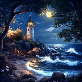 Night Seascape with Lighthouse and Moon