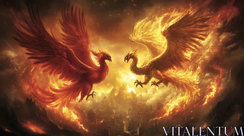 AI ART Two Phoenixes Face Off in Flames