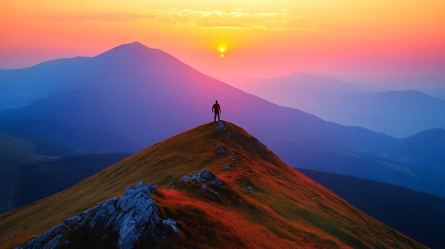 Silhouette on Mountain at Sunset