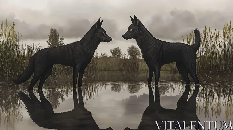 AI ART Wolves Reflection in Still Water