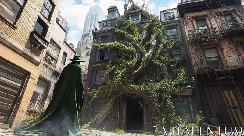 Urban Nature: Cloaked Figure and Overgrown Building AI Image