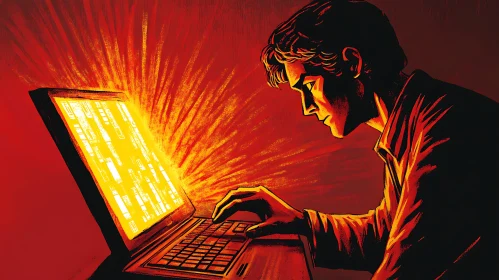 Man Working on Laptop with Intense Focus
