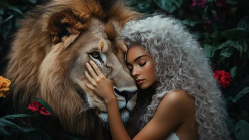 Harmony Portrait: Woman and Lion Embrace