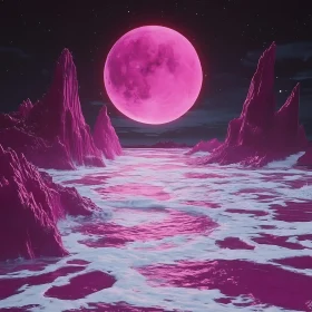 Surreal Pink Moon Fantasy Scene