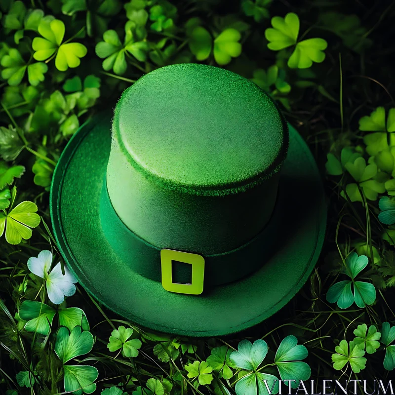 AI ART Leprechaun Hat Among Clovers