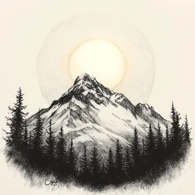 Monochrome Mountain and Forest Illustration