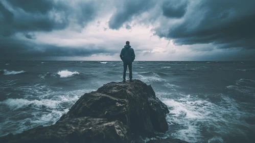 Solitary Figure on a Rock by the Sea