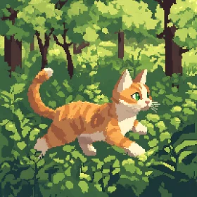 Pixel Cat Running Through Green Woods