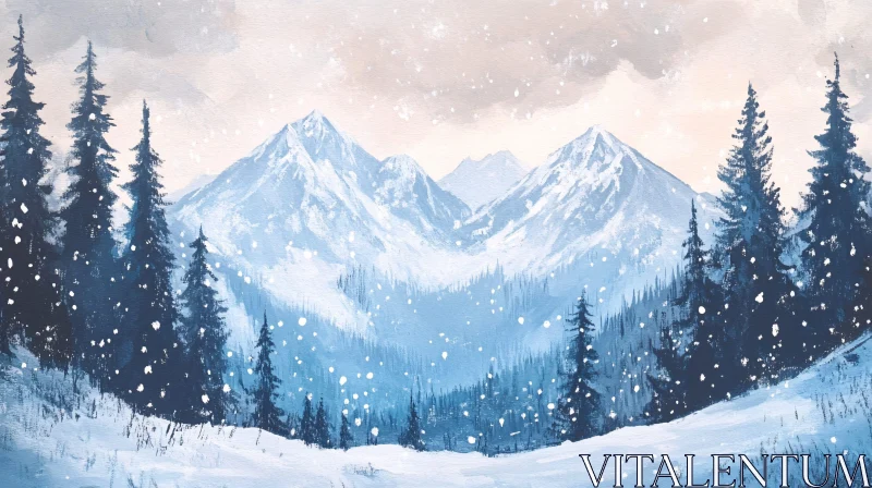 AI ART Snowy Mountain Scene with Evergreen Trees