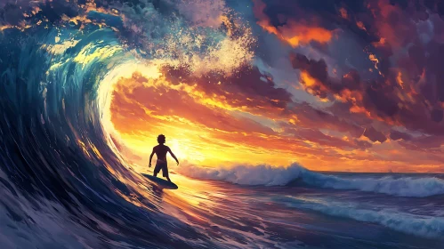 Ocean Wave Surfing at Sunset