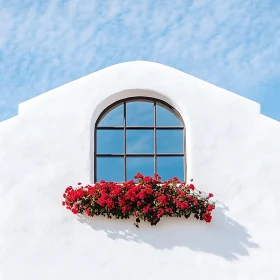 Elegant Window Setup with Red Flowers and Blue Reflections