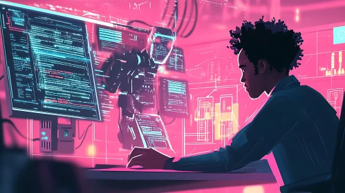 Cyberpunk Coder in Pink Tech Room