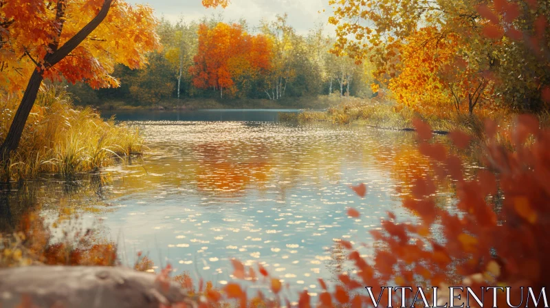 Tranquil Lake Surrounded by Vibrant Autumn Trees AI Image