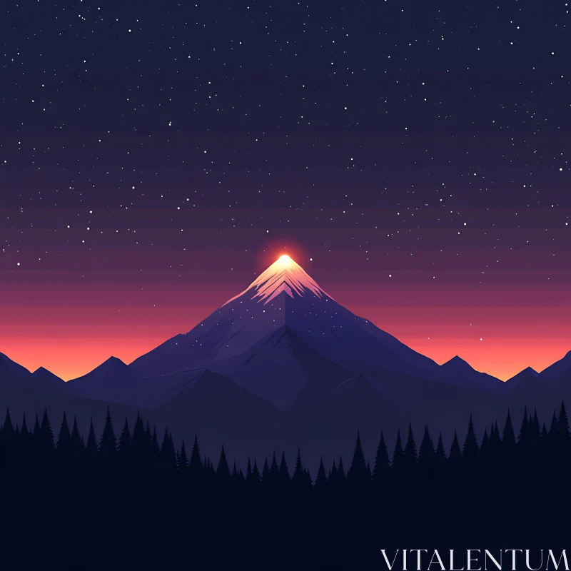 Glowing Mountain Peak Under Starry Sky AI Image