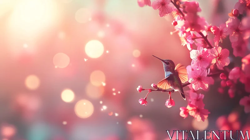 AI ART Graceful Hummingbird with Cherry Blossoms