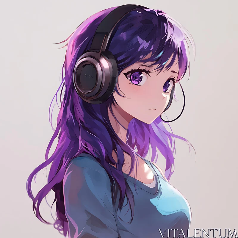 Contemplative Anime Girl with Headphones and Purple Hair AI Image