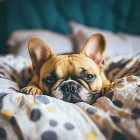 Cute French Bulldog Nestled in Polka Dot Quilt