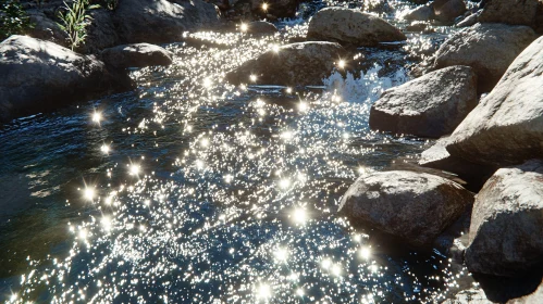 Glistening Water over Rocks in a Sunlit Stream