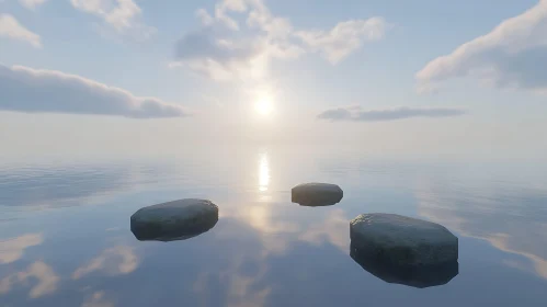 Calm Sea with Rocks and Sky Reflection