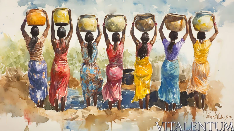 AI ART Women with Pots Watercolor Art