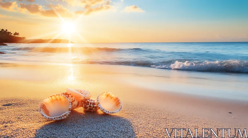 AI ART Seashells on Beach at Sunrise