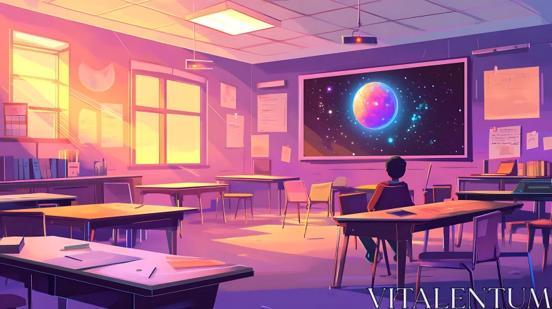 AI ART Classroom Interior with Planet on Screen