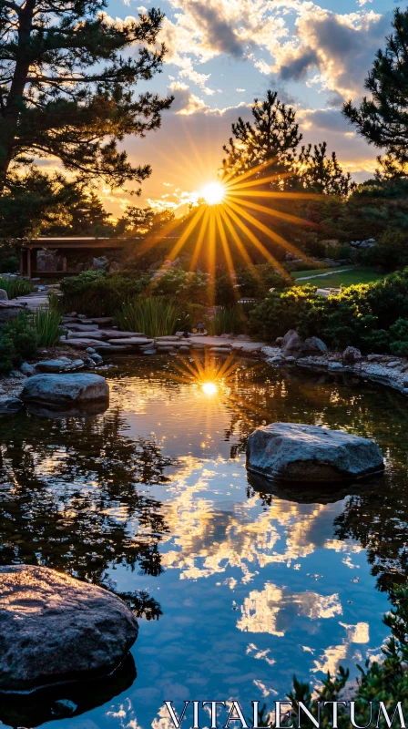 Golden Sunset Over Reflective Pond AI Image