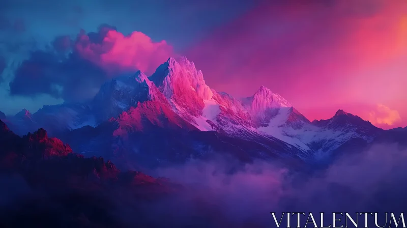 Snowy Mountain Peaks in Pink Hues AI Image