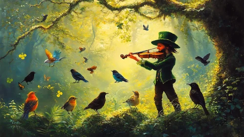 Enchanting Forest Melody: Violinist and Birds