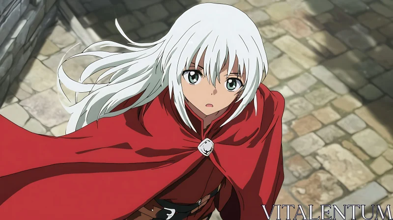 White-Haired Anime Character in Red Cloak AI Image