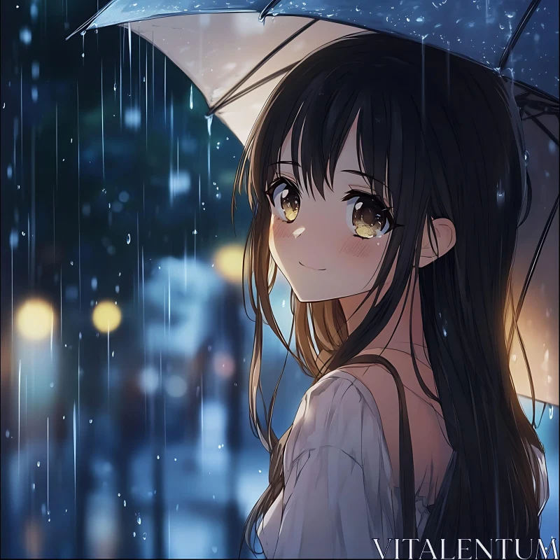 Serene Night Rain - Anime Girl Illustration AI Image