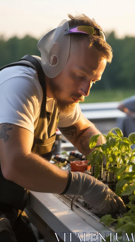 Man at Work: Urban Farming Meets Tattoo-Inspired Artistry AI Image