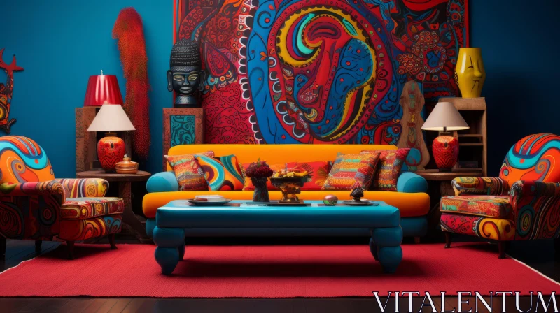Psychedelic Interior with Indian Pop Culture Influence AI Image
