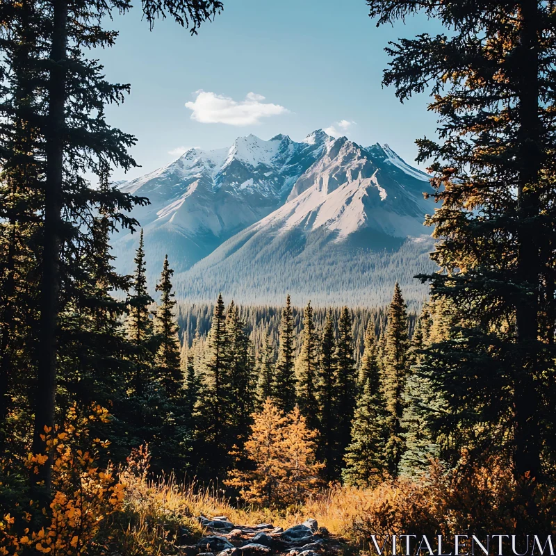 Snowy Mountain Peaks and Forest Scenery AI Image