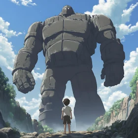 Anime Scene with Giant Robot and Child in Forest