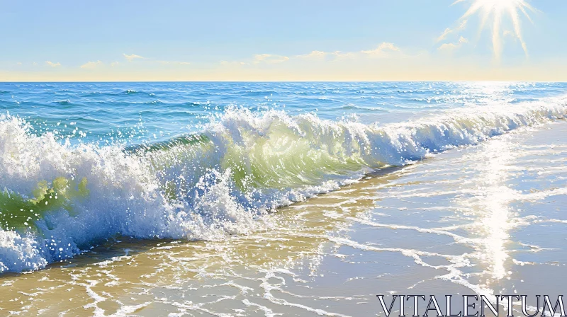 Waves Crashing on Beach with Sunlight Reflection AI Image