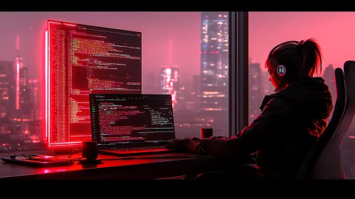 Coder in Neon Glow Cityscape