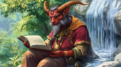 Horned Demon Reads Near Waterfall