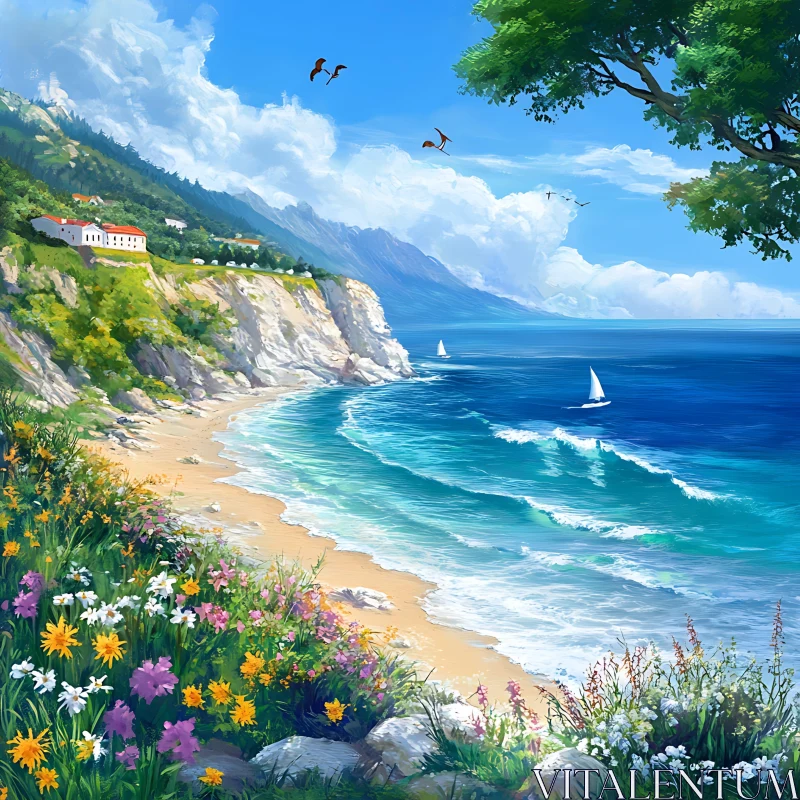 Coastal View with Sailboats and Wildflowers AI Image