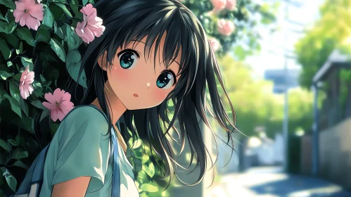 Anime Girl with Pink Flowers on Sunlit Street