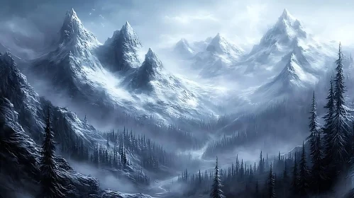 Misty Peaks and Snowy Forests