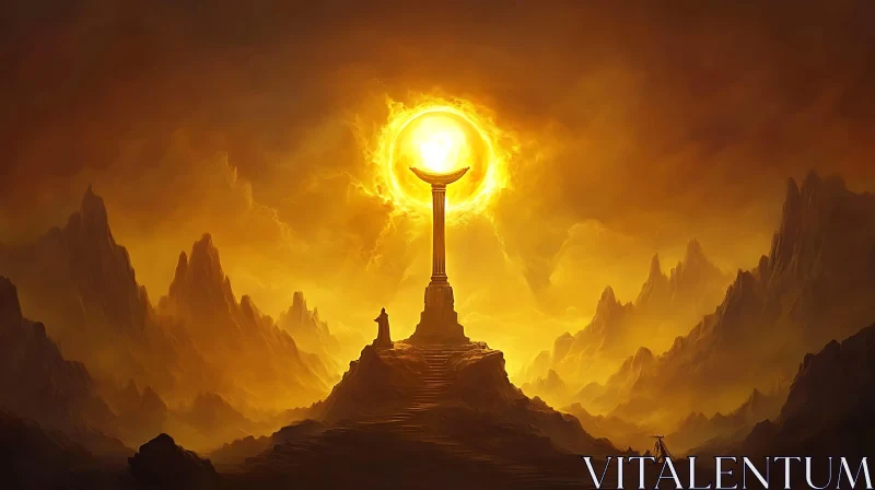 Mountain Peak Golden Sun Pillar AI Image