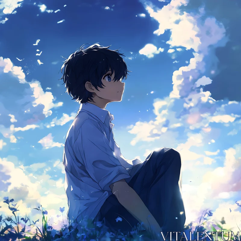 Thoughtful Young Boy in an Anime Landscape AI Image