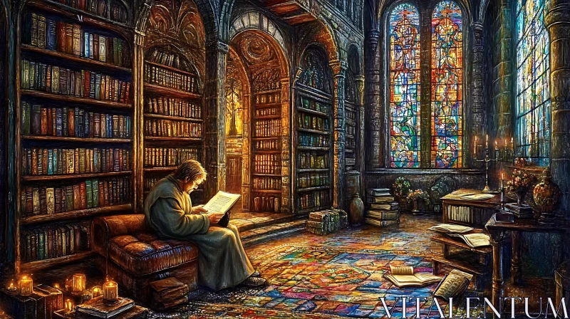 Vintage Library Reading Scene AI Image