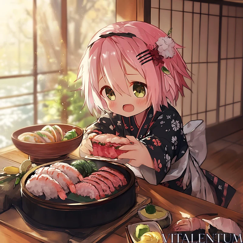 Cute Anime Girl in Floral Kimono with Sushi AI Image