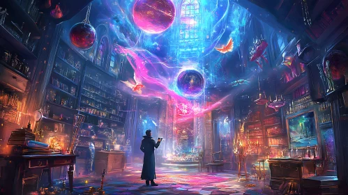 Wizard in Magical Library Art