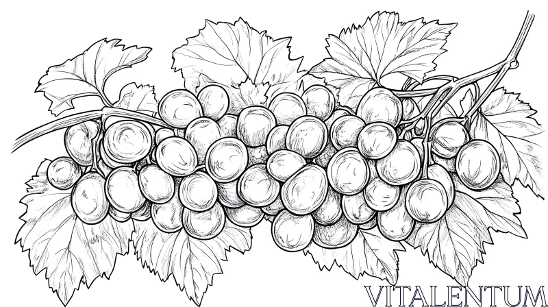 Monochrome Grape Bunch with Leaves Artwork AI Image