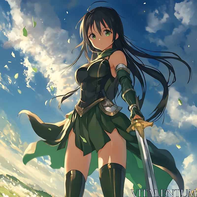 Warrior in Green Armored Outfit Holding Sword AI Image