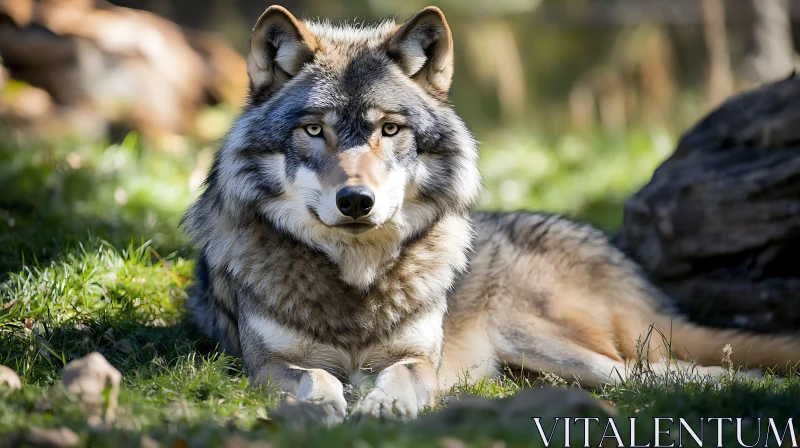 AI ART Serene Wolf Resting on Grassy Meadow