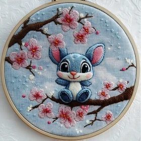 Handmade Embroidery Art with Cartoon and Flowers